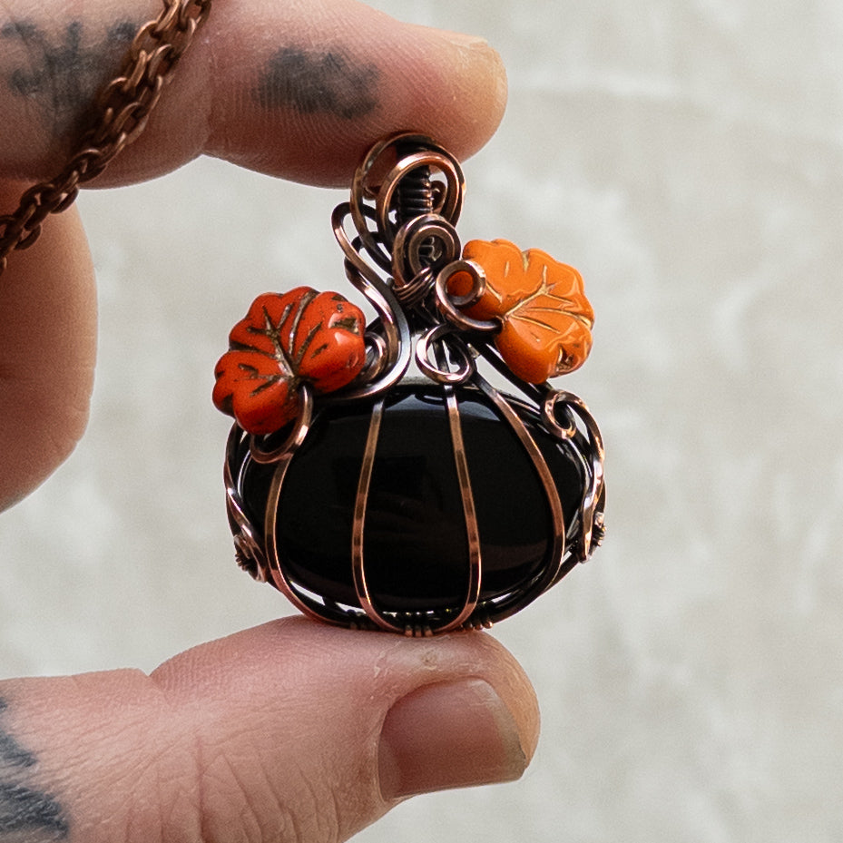 Black Onyx Pumpkin Antiqued Copper Pendant With Czech Glass Leaves