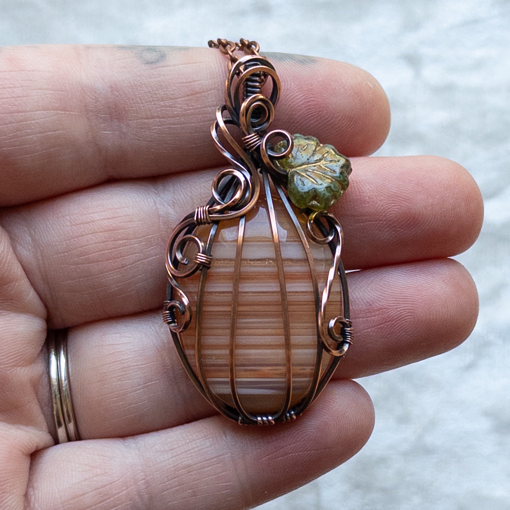 The Last “Candy Corn” Agate Pumpkin Pendant With Czech Glass Leaf - Antiqued Copper