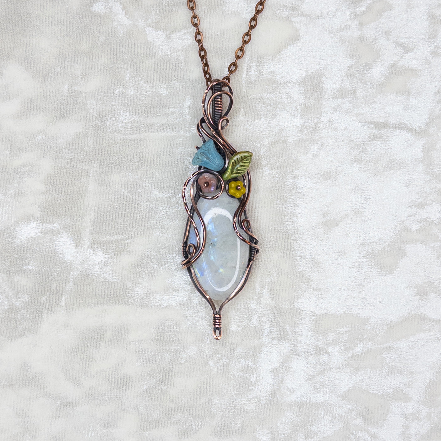 Moonstone & Czech Glass Antiqued Copper “Bouquet” Pendant
