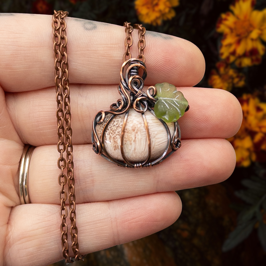 Pink Scolecite Antiqued Copper Pumpkin Pendant With Czech Glass Leaf