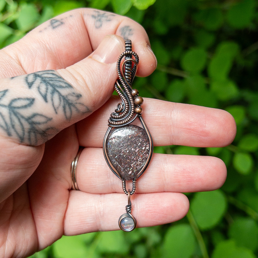 Iolite With Moonstone Copper Wrapped Pendant