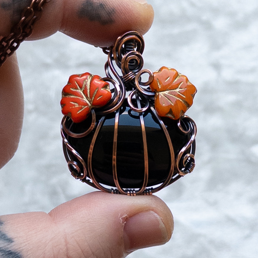 Black Onyx Pumpkin Pendant With Orange Czech Glass Leaves - Antiqued Copper
