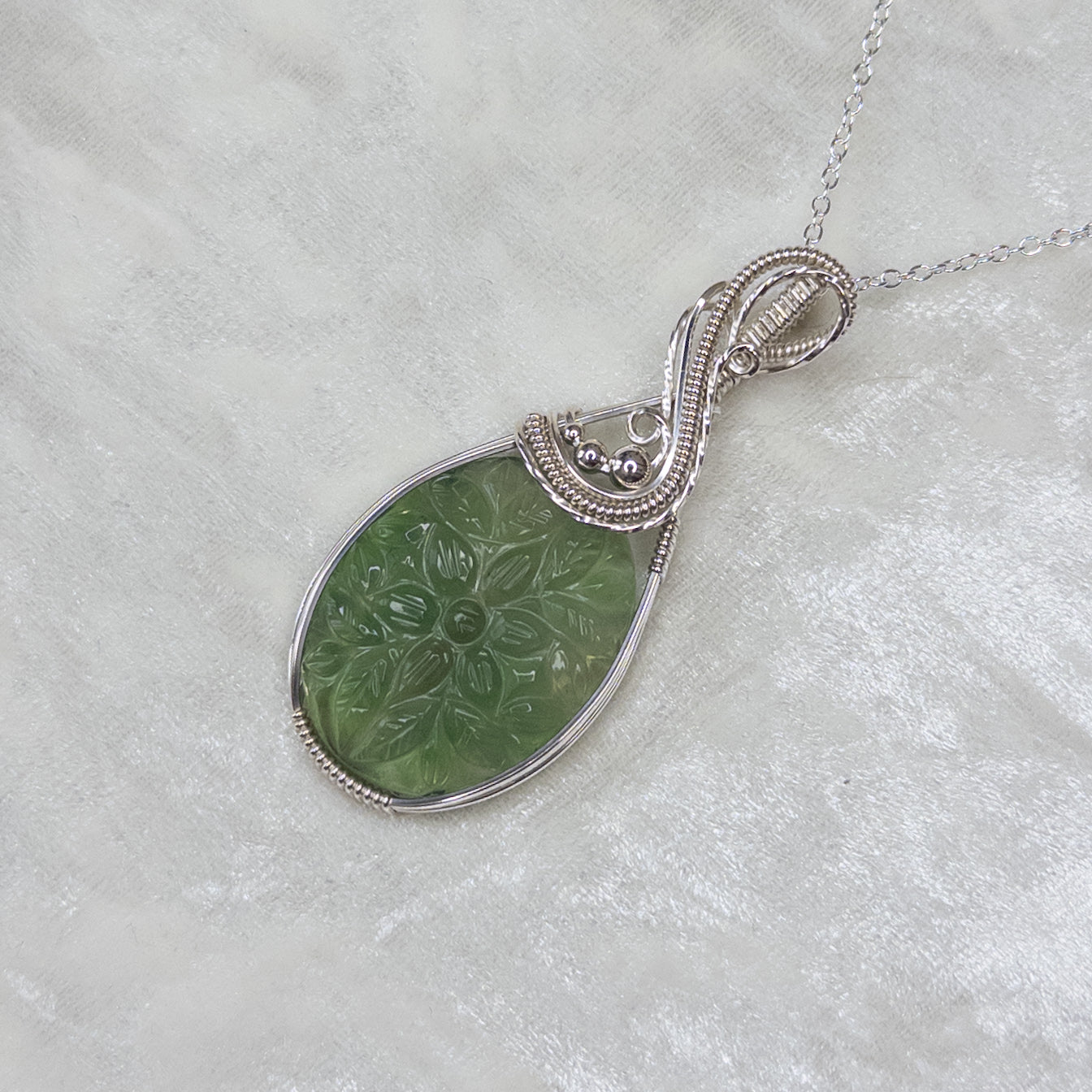 Floral Motif Carved Green Fluorite .925 Sterling Silver Pendant