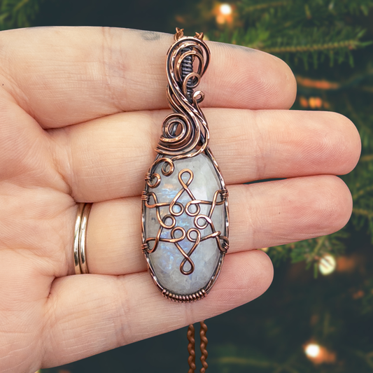 Rainbow Moonstone Snowflake Antiqued Copper Pendant