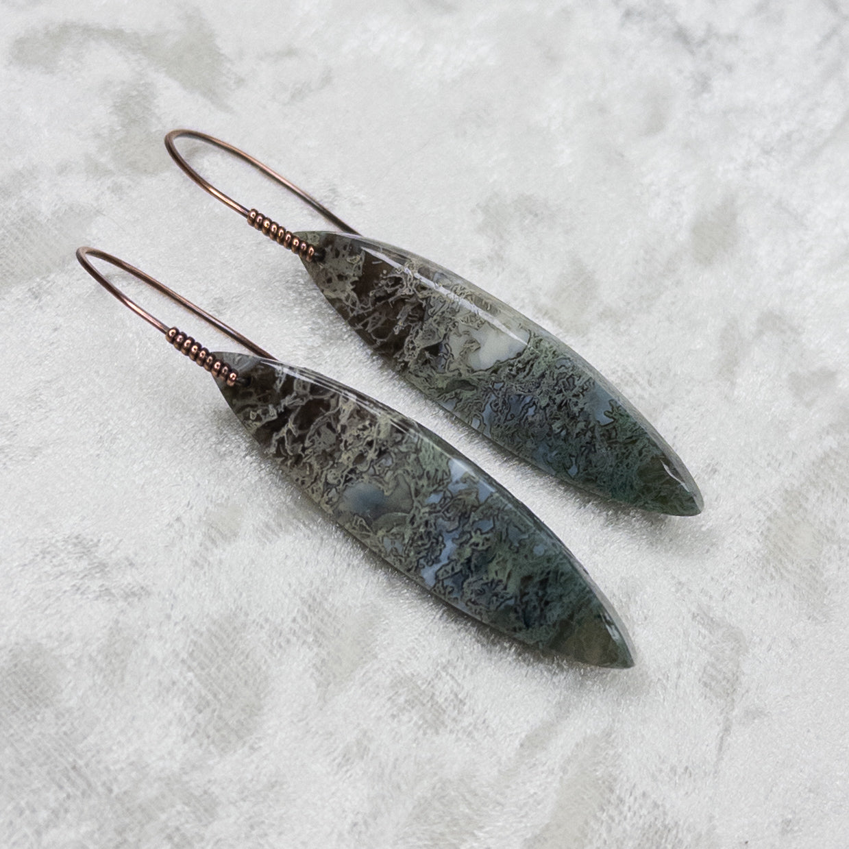 Blue Opal Moss Agate Antiqued Copper Earrings