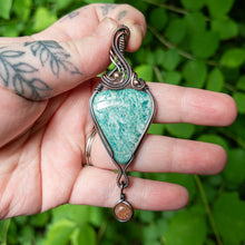 Load image into Gallery viewer, Amazonite With Sunstone Charm Copper Wrapped Pendant
