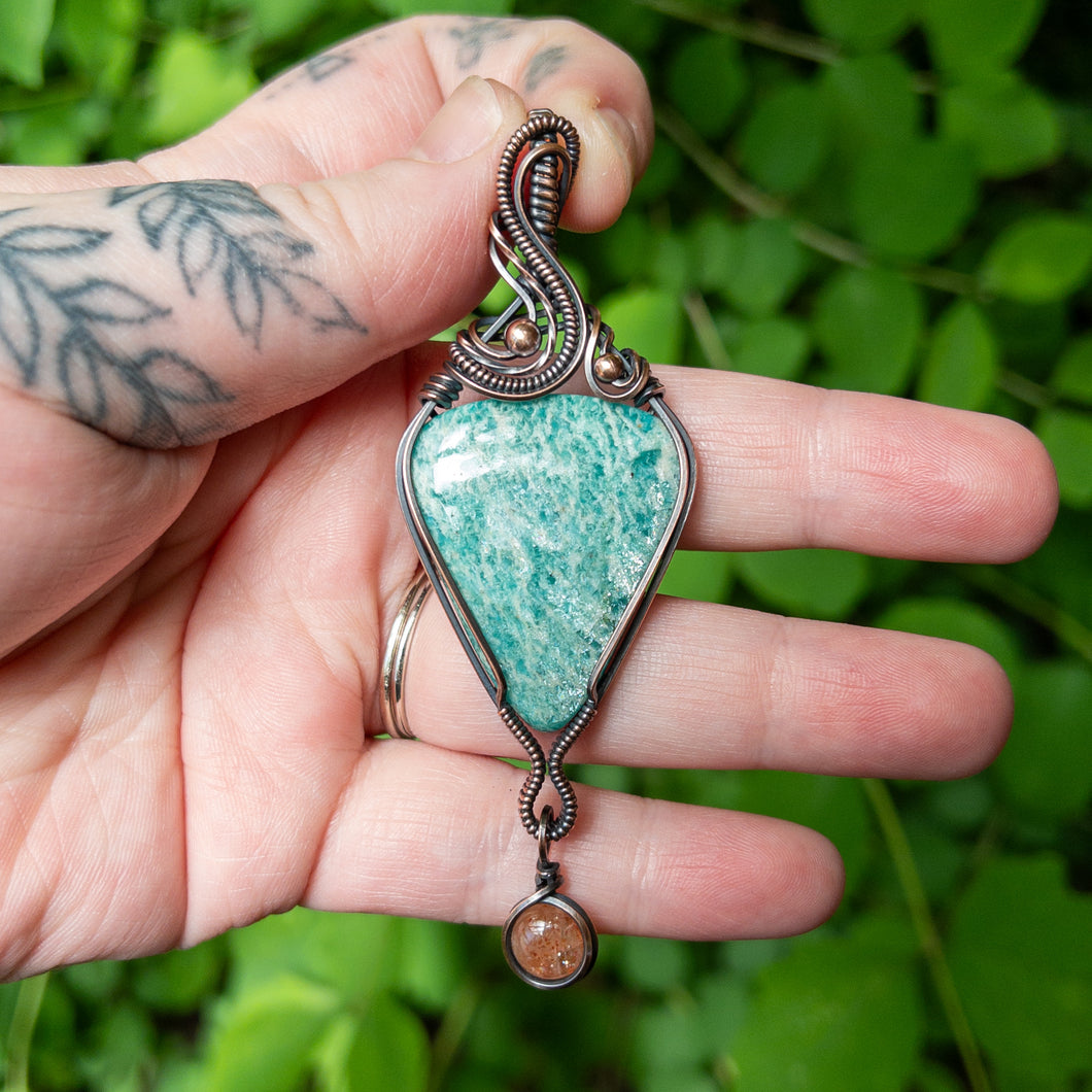 Amazonite With Sunstone Charm Copper Wrapped Pendant