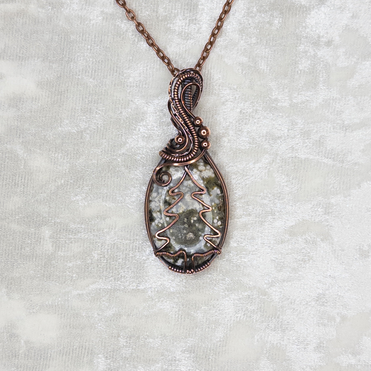 Ocean Jasper Pine Tree Antiqued Copper Pendant