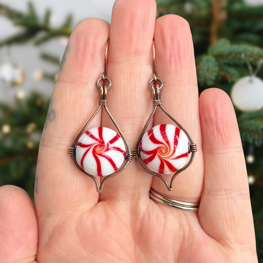 Hammered & Antiqued Copper Peppermint Candy Earrings