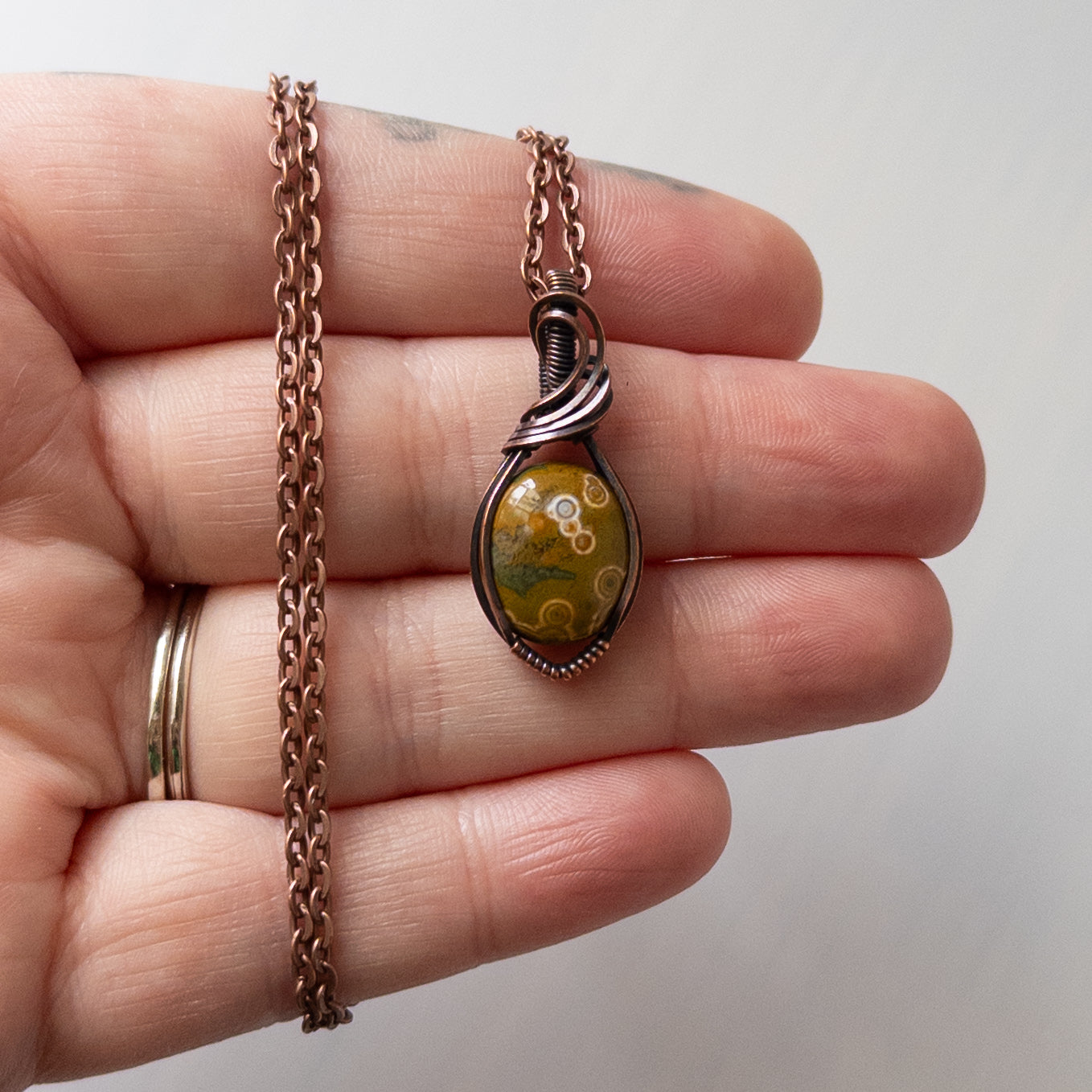 Dainty Yellow Ocean Jasper Copper Wrapped Pendant