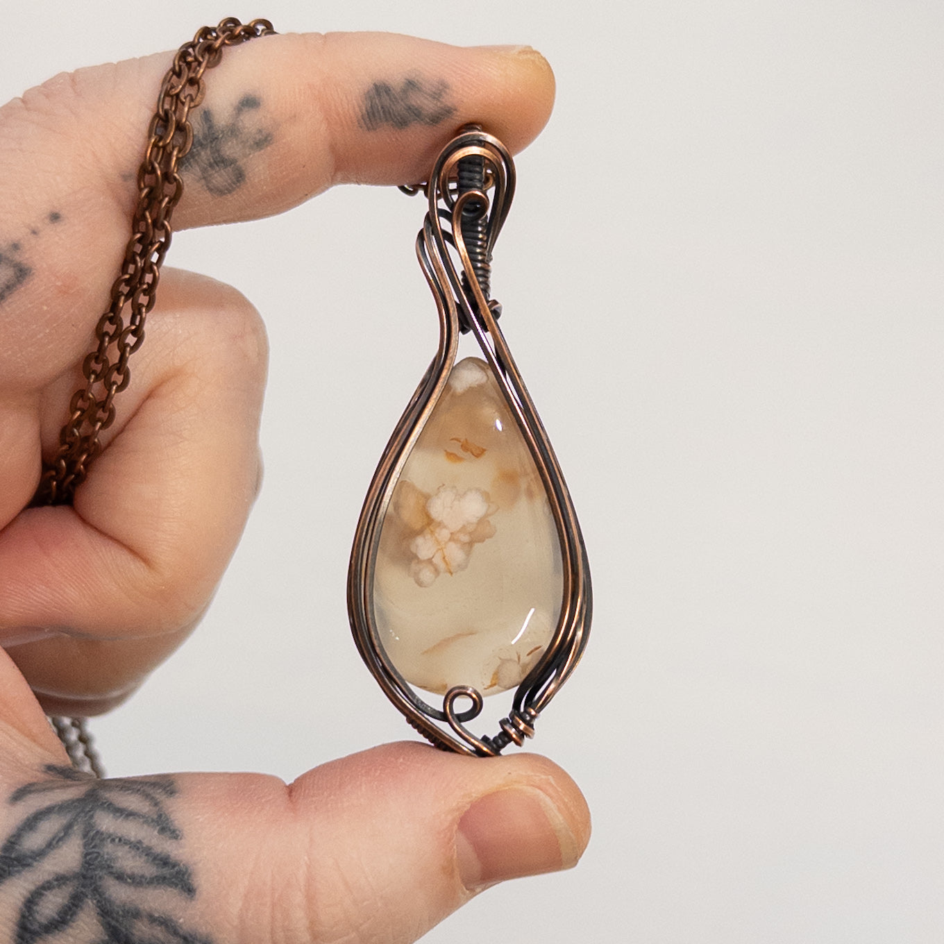 Flower Agate Copper Wrapped Pendant