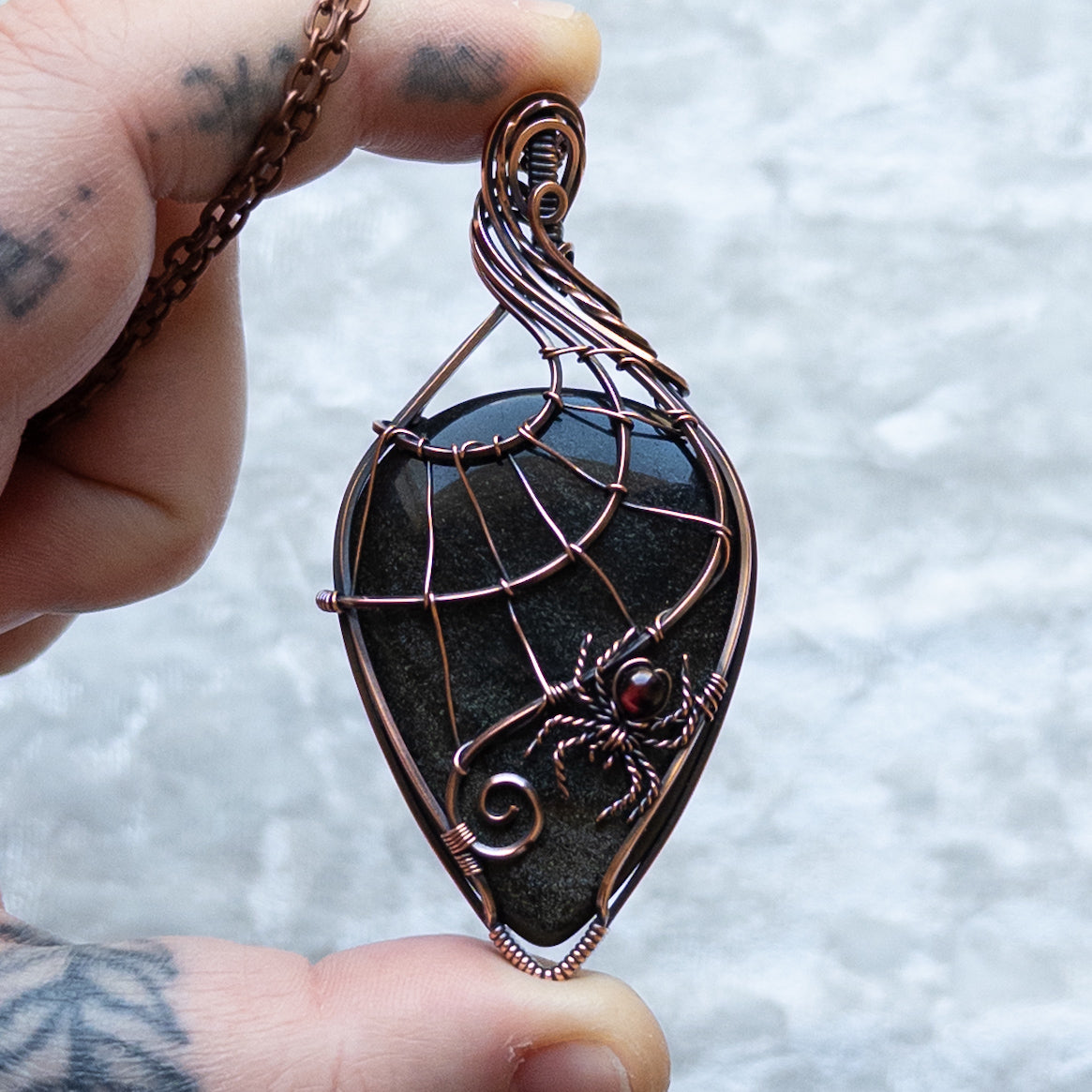 Gold Sheen Obsidian Web & Garnet Spider Pendant - Antiqued Copper