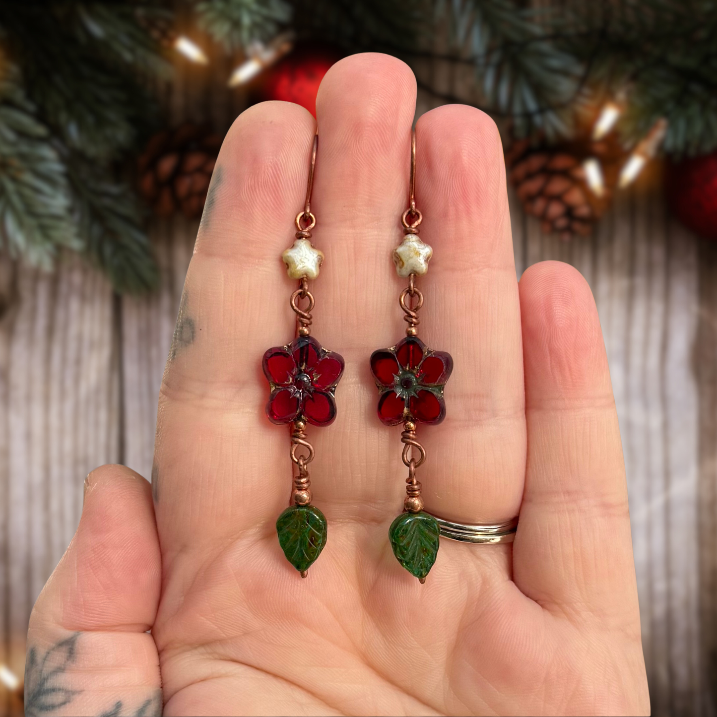 Poinsettia, Star, & Leaf Dangle Earrings