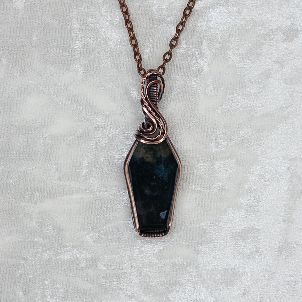 Moss Agate Coffin Antiqued Copper Pendant