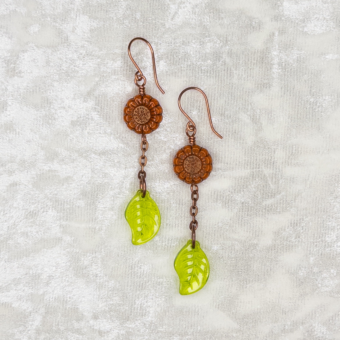 Czech Glass Sunflower & Glass Leaf Copper Earrings