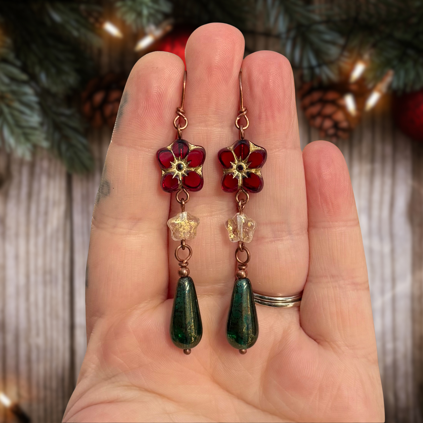 Poinsettia, Star, & Gold/Green Teardrop Dangle Earrings