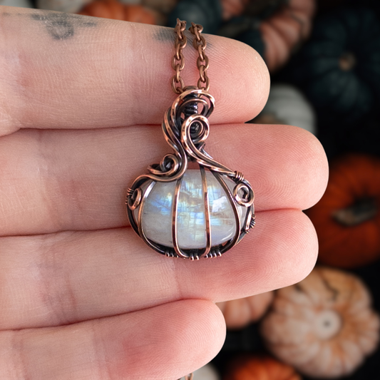 Mini Rainbow Moonstone Antiqued Copper Pumpkin Pendant