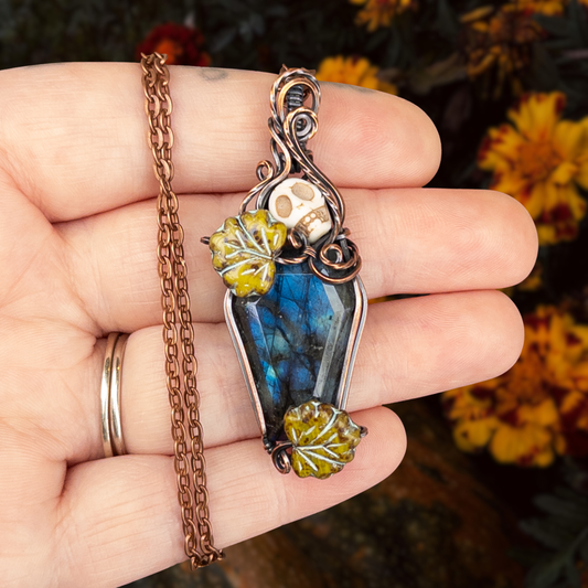 Labradorite Coffin Antiqued Copper Pendant With Czech Glass Leaves & Stone Skull