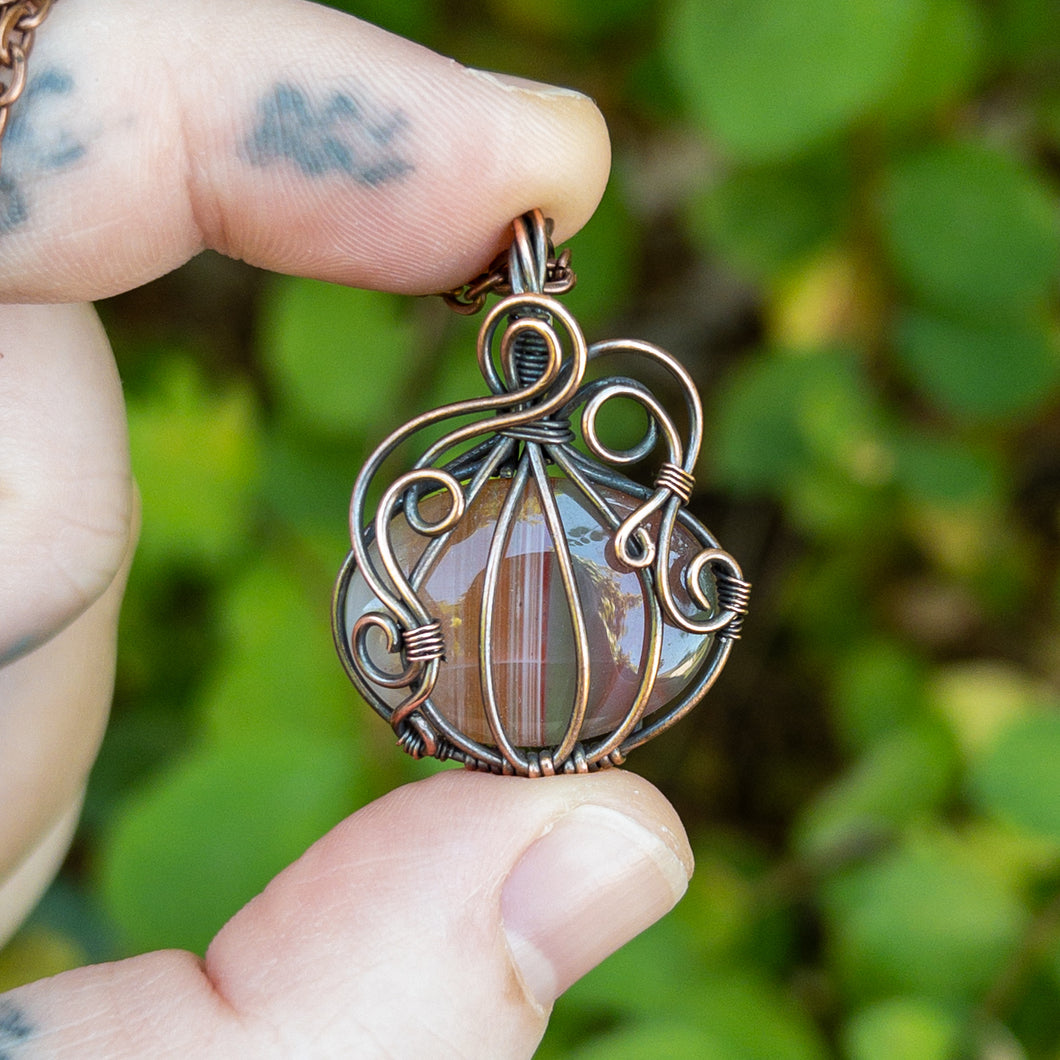 Banded Carnelian Pumpkin Antiqued Copper Wrapped Pendant