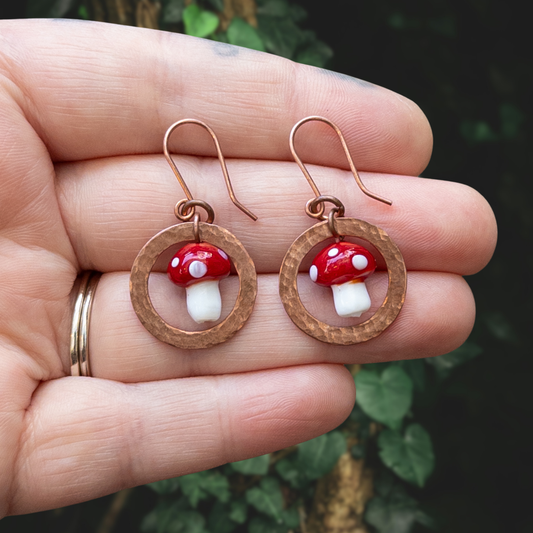 Glass Mushroom & Hammered Copper Earrings