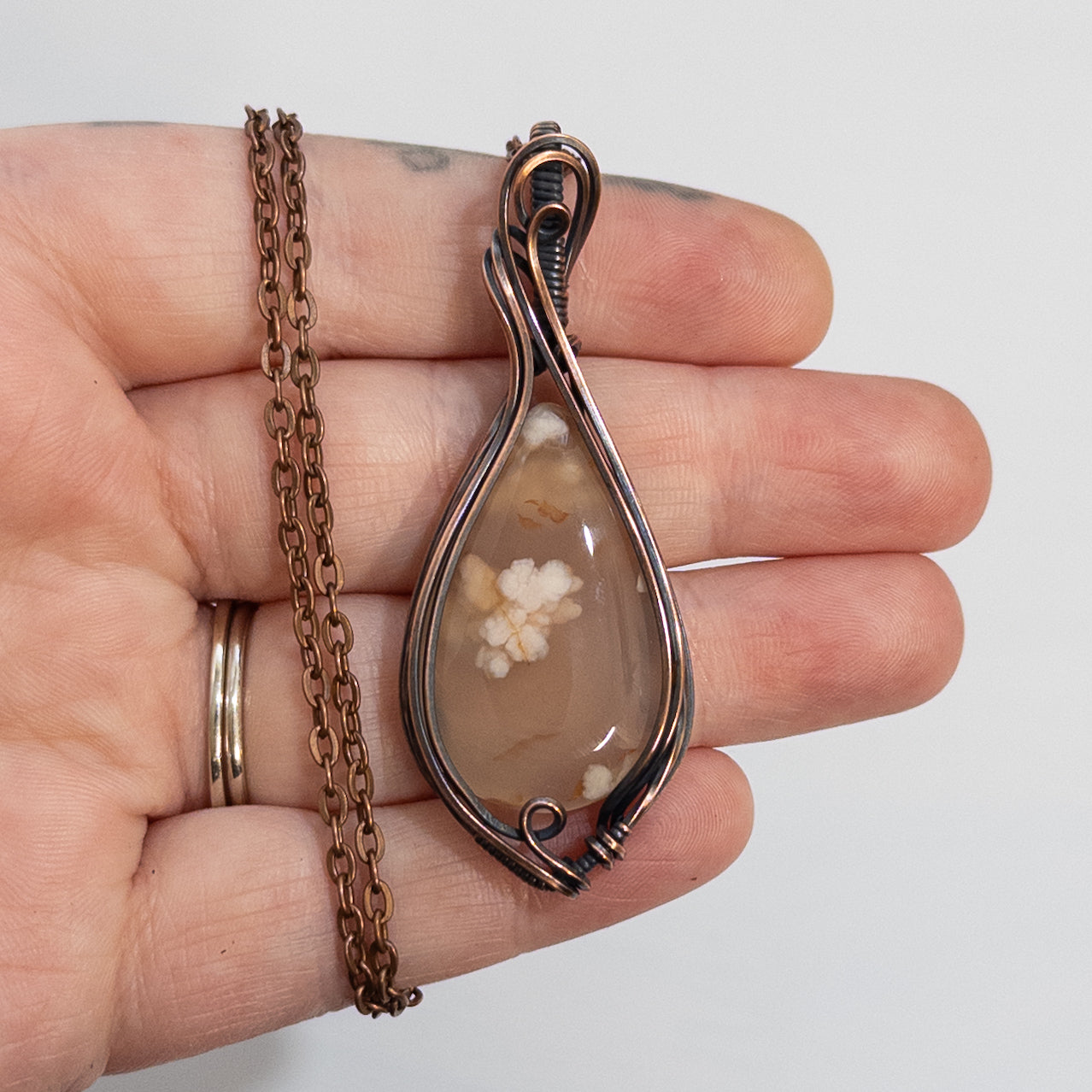 Flower Agate Copper Wrapped Pendant