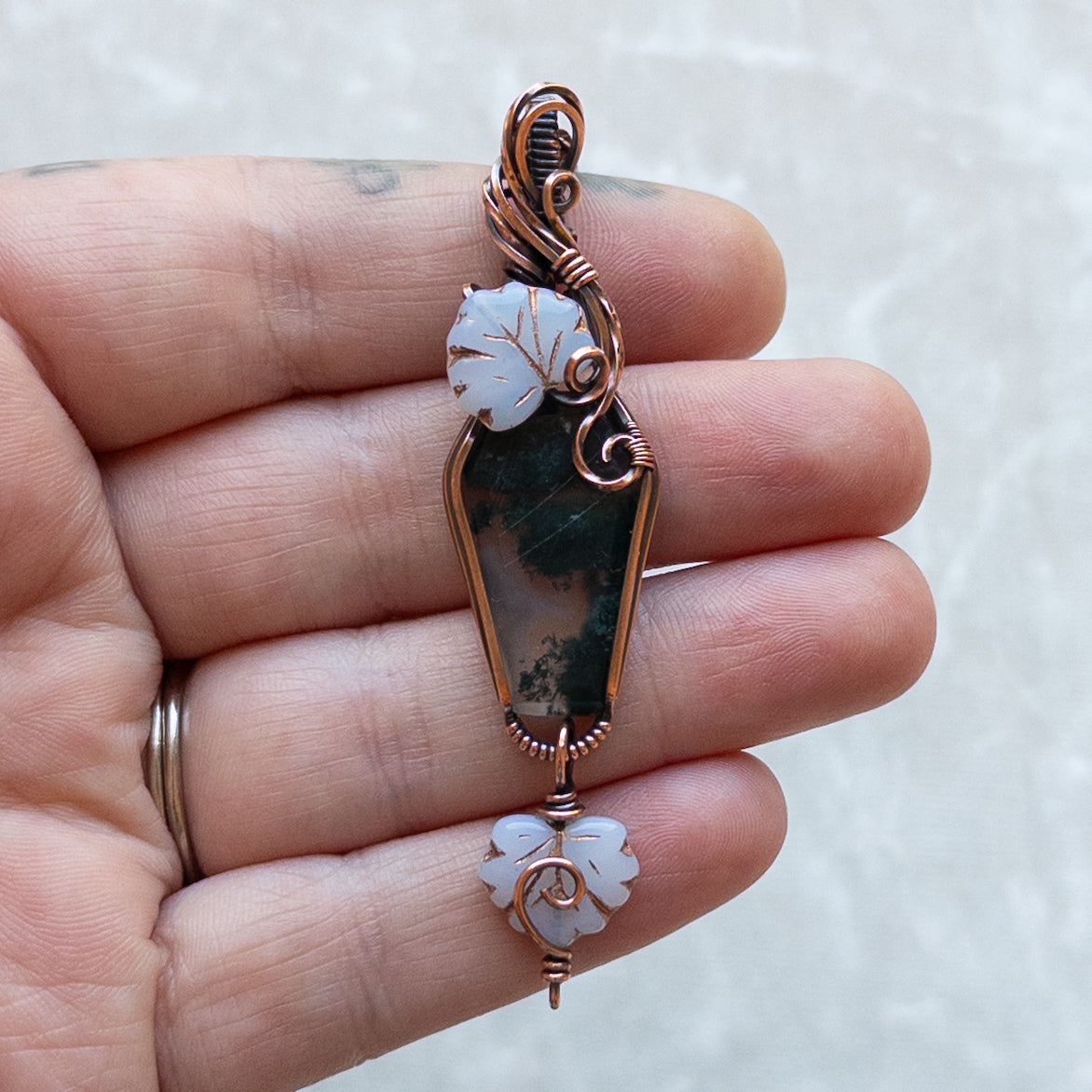 Moss Agate Coffin With Czech Glass Leaves Antiqued Copper Pendant