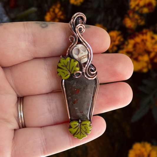African Bloodstone Coffin & Skull Antiqued Copper Pendant With Czech Glass Leaves