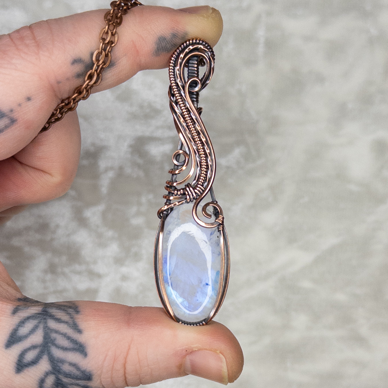 Blue Flash Moonstone Antiqued Copper Pendant