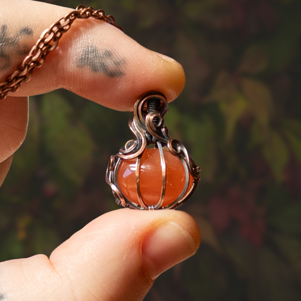 Dainty Carnelian Antiqued Copper Pumpkin Pendant