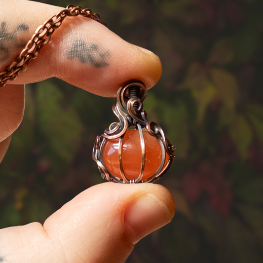 Dainty Carnelian Antiqued Copper Pumpkin Pendant