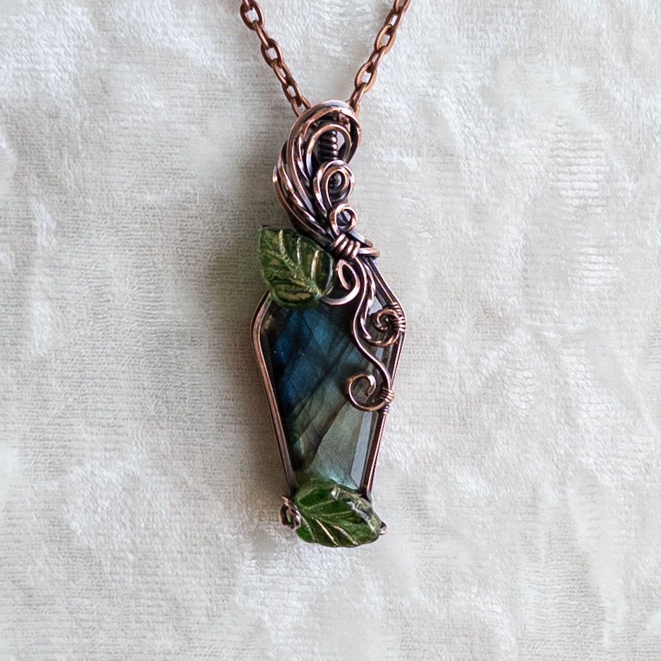 Labradorite Coffin & Leaves Antiqued Copper Pendant