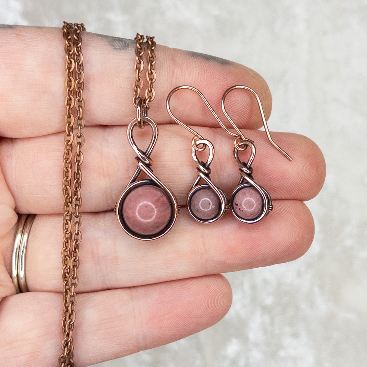 Drops of Rhodonite Antiqued Copper Pendant & Earrings Set