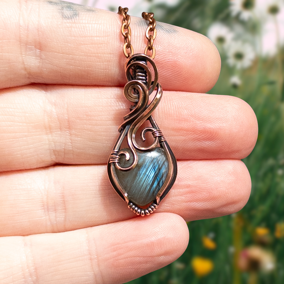 Mini Labradorite Heart Antiqued Copper Pendant