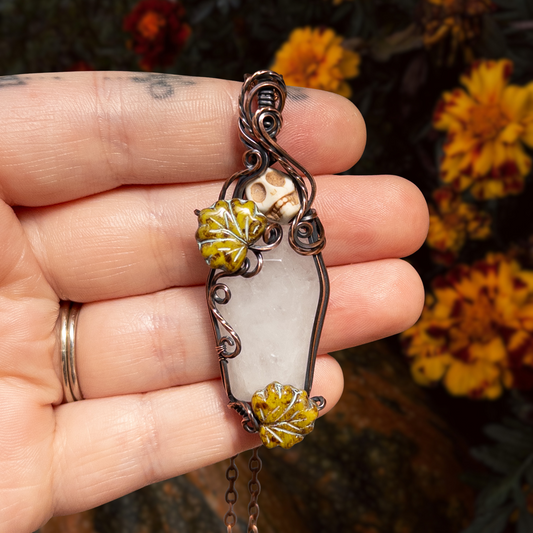 Quartz Coffin & Skull Antiqued Copper Pendant With Czech Glass Leaves
