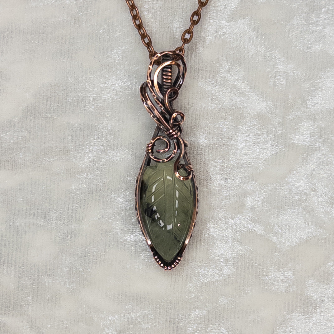 Carved Prehnite Leaf Antiqued Copper Pendant