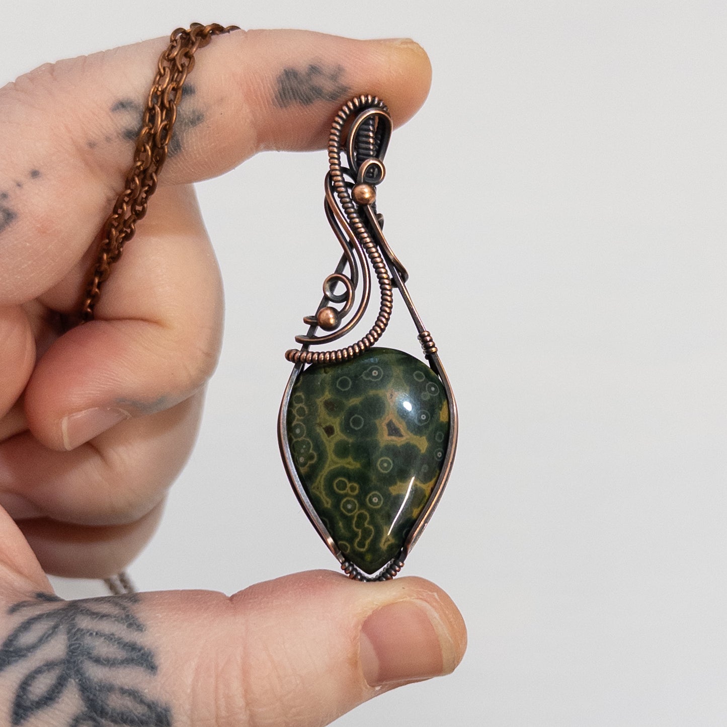 Green & Yellow Ocean Jasper Copper Wrapped Pendant