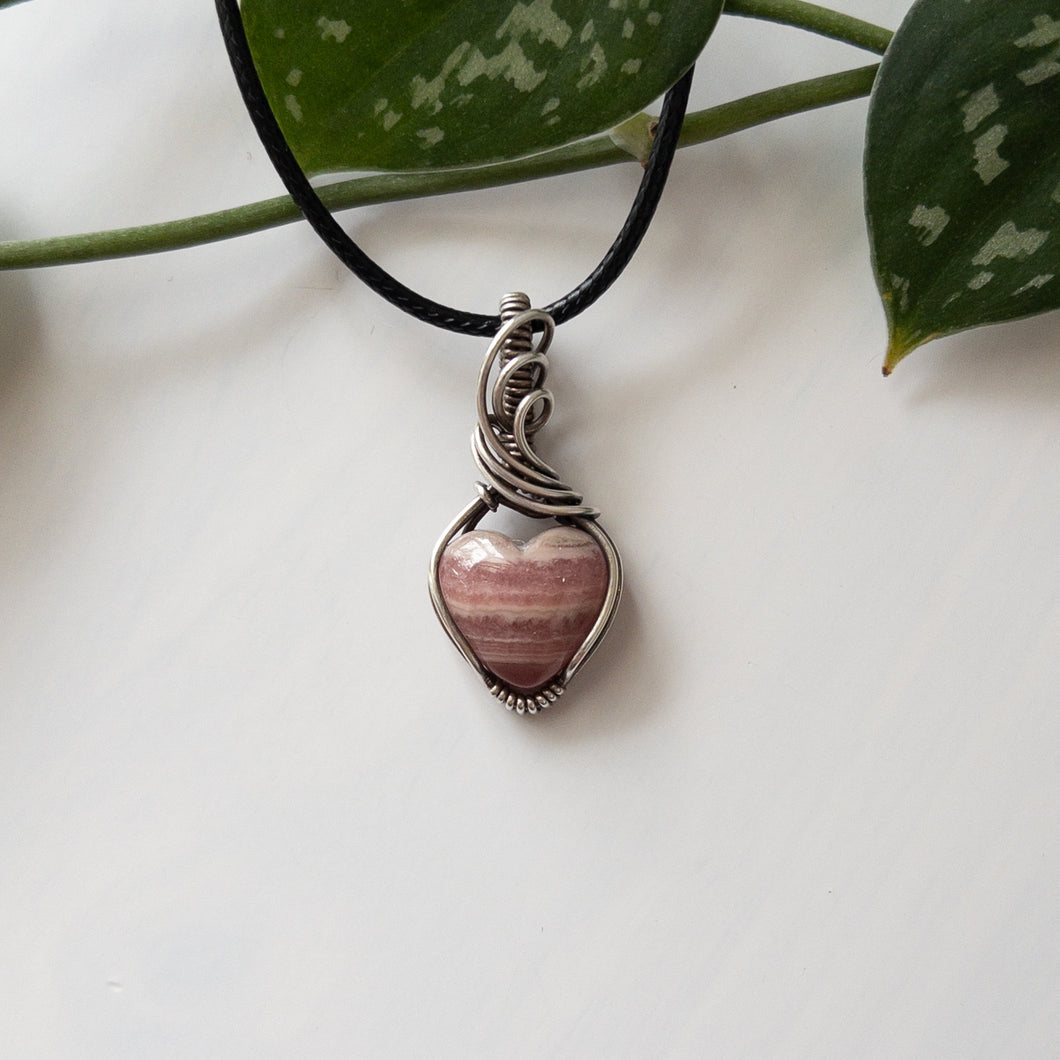 Mini Rhodochrosite Heart & Sterling Silver Wrapped Pendant