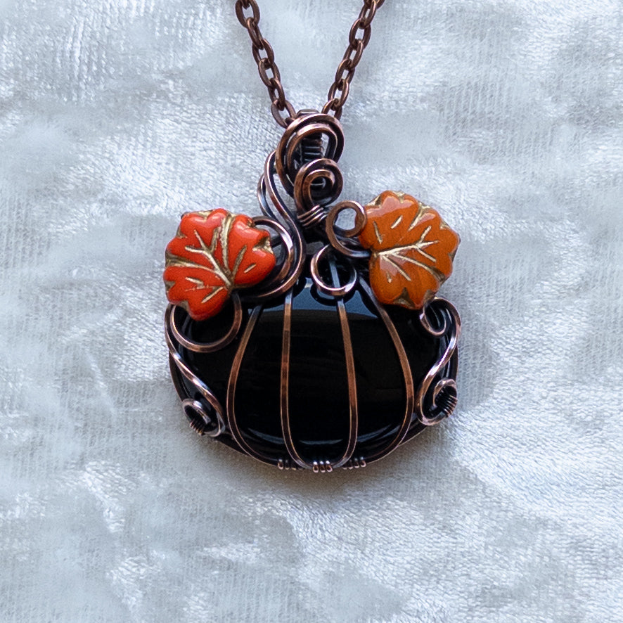 Black Onyx Pumpkin Pendant With Orange Czech Glass Leaves - Antiqued Copper