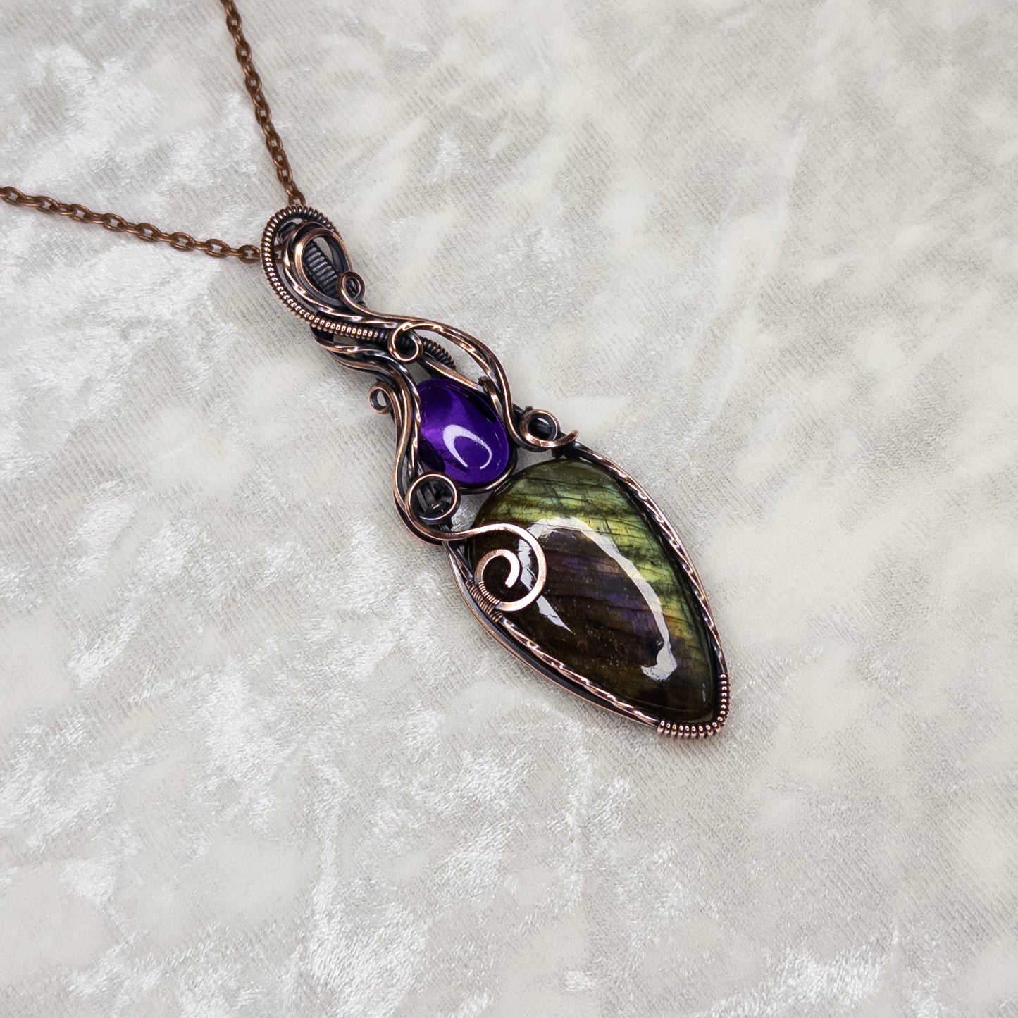 Unique Purple/Green Labradorite & Amethyst Antiqued Copper Statement Pendant