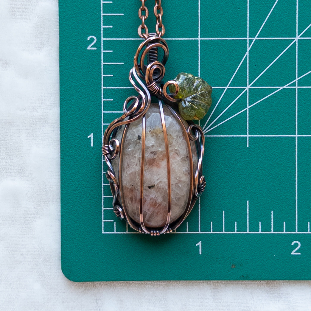 Sunstone Antiqued Copper Pumpkin Pendant With Czech Glass Leaf