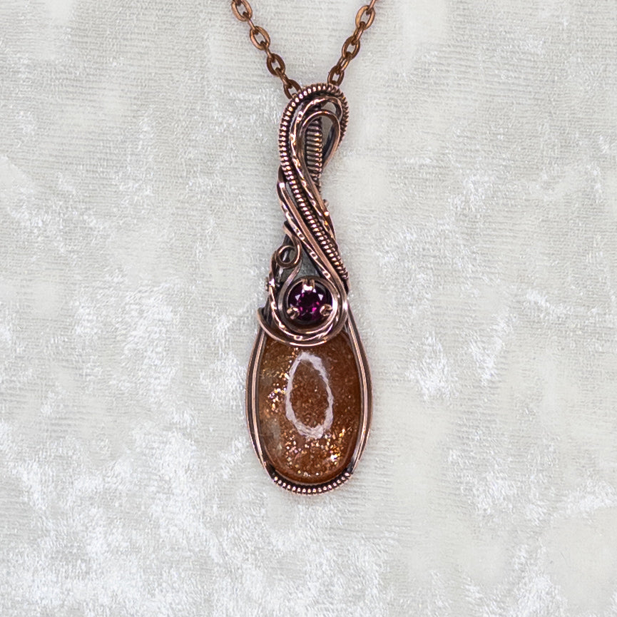 Sunstone & Pink Garnet Antiqued Copper Pendant