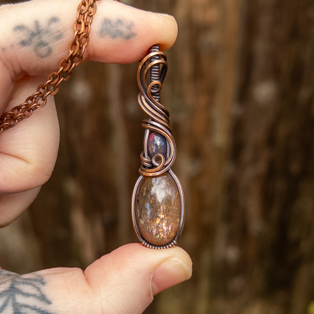 Black Sunstone & Smoked Opal Copper Wrapped Pendant