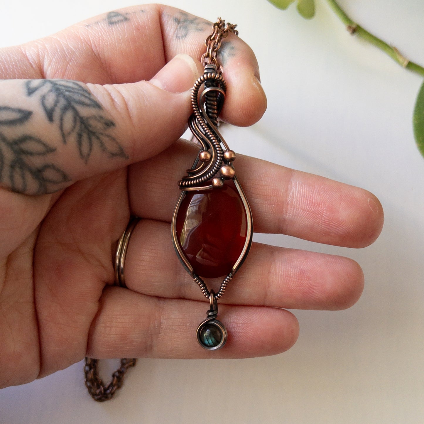 Carnelian With Labradorite Charm Antiqued Copper Wrapped Pendant