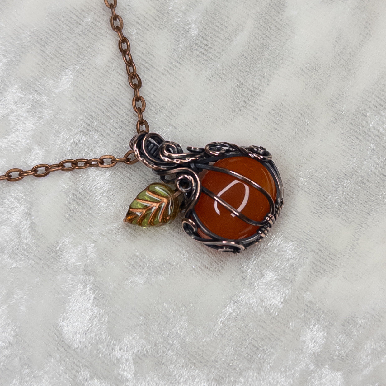 Orange Carnelian Antiqued Copper Pumpkin Pendant With Czech Glass Leaf
