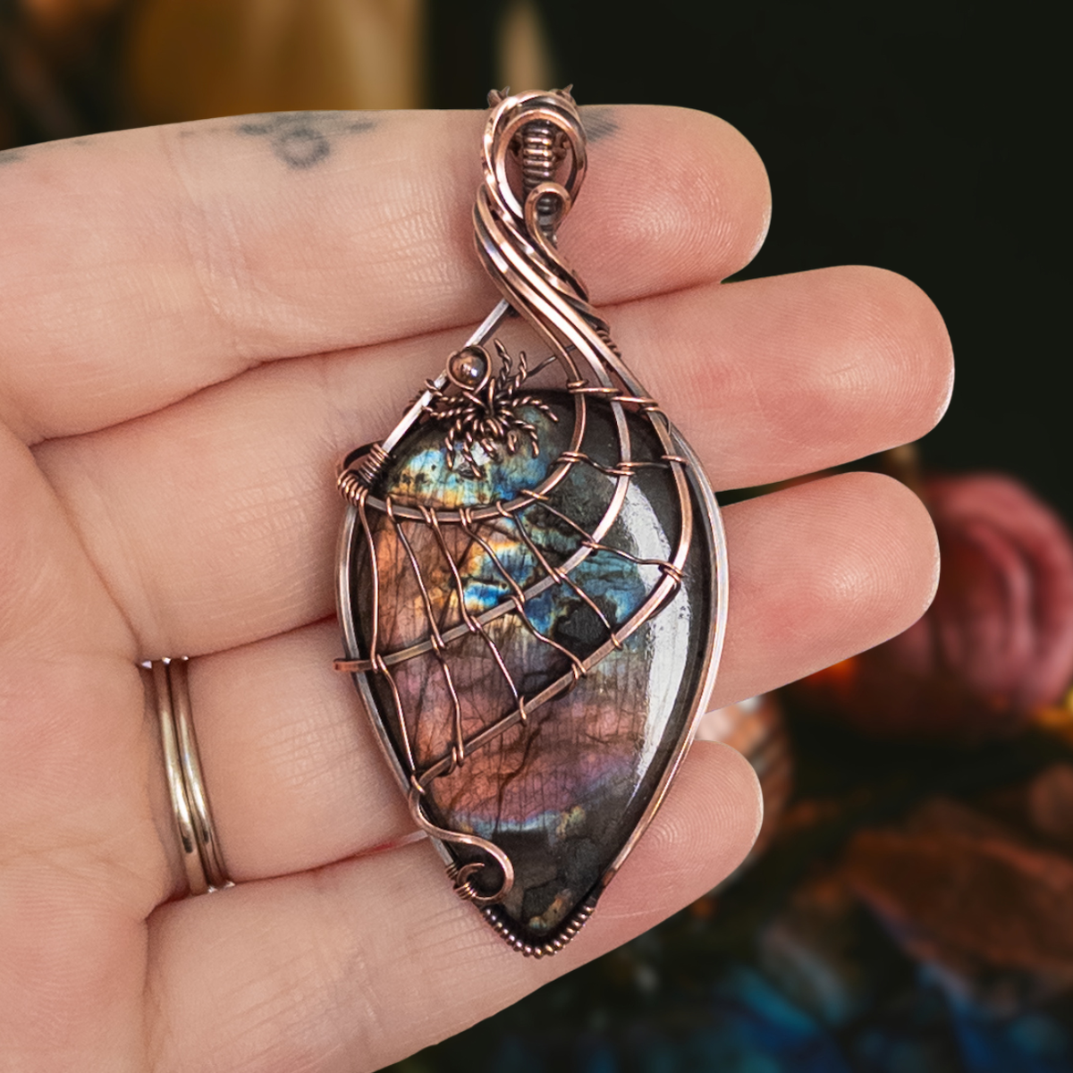 Labradorite Spider & Web Antiqued Copper Pendant
