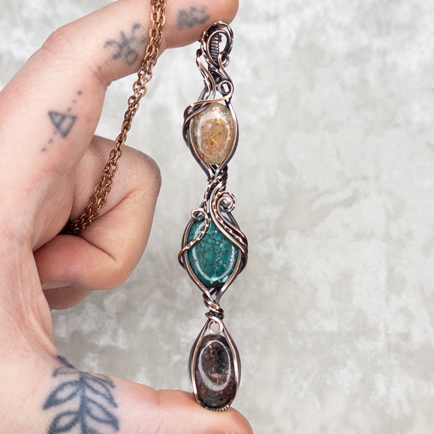 Bloodshot Iolite, Hubei Turquoise, & Confetti Sunstone Antiqued Copper Pendant