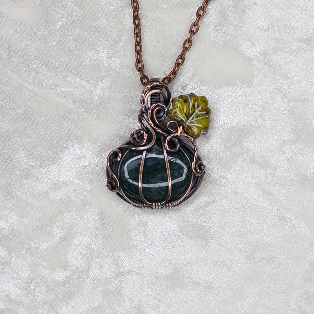 Moss Agate Antiqued Copper Pumpkin Pendant With Czech Glass Leaf