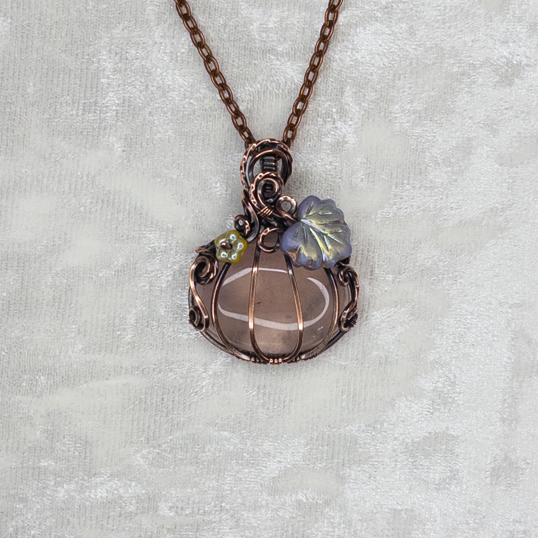 “Fairy Pumpkin” Rose Quartz Antiqued Copper Pumpkin Pendant With Iridescent Czech Glass Leaf & Blossom
