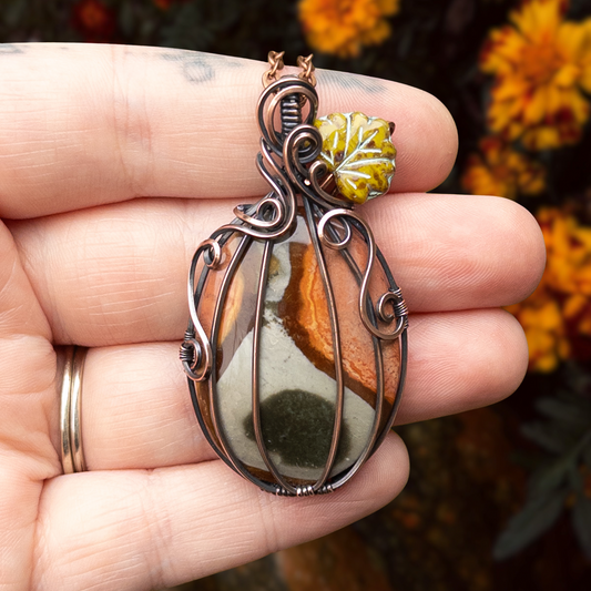Polychrome Jasper Antiqued Copper Pumpkin Pendant With Czech Glass Leaf