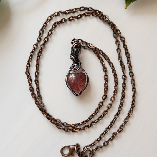 Mini Strawberry Quartz Heart & Copper Wrapped Pendant - D